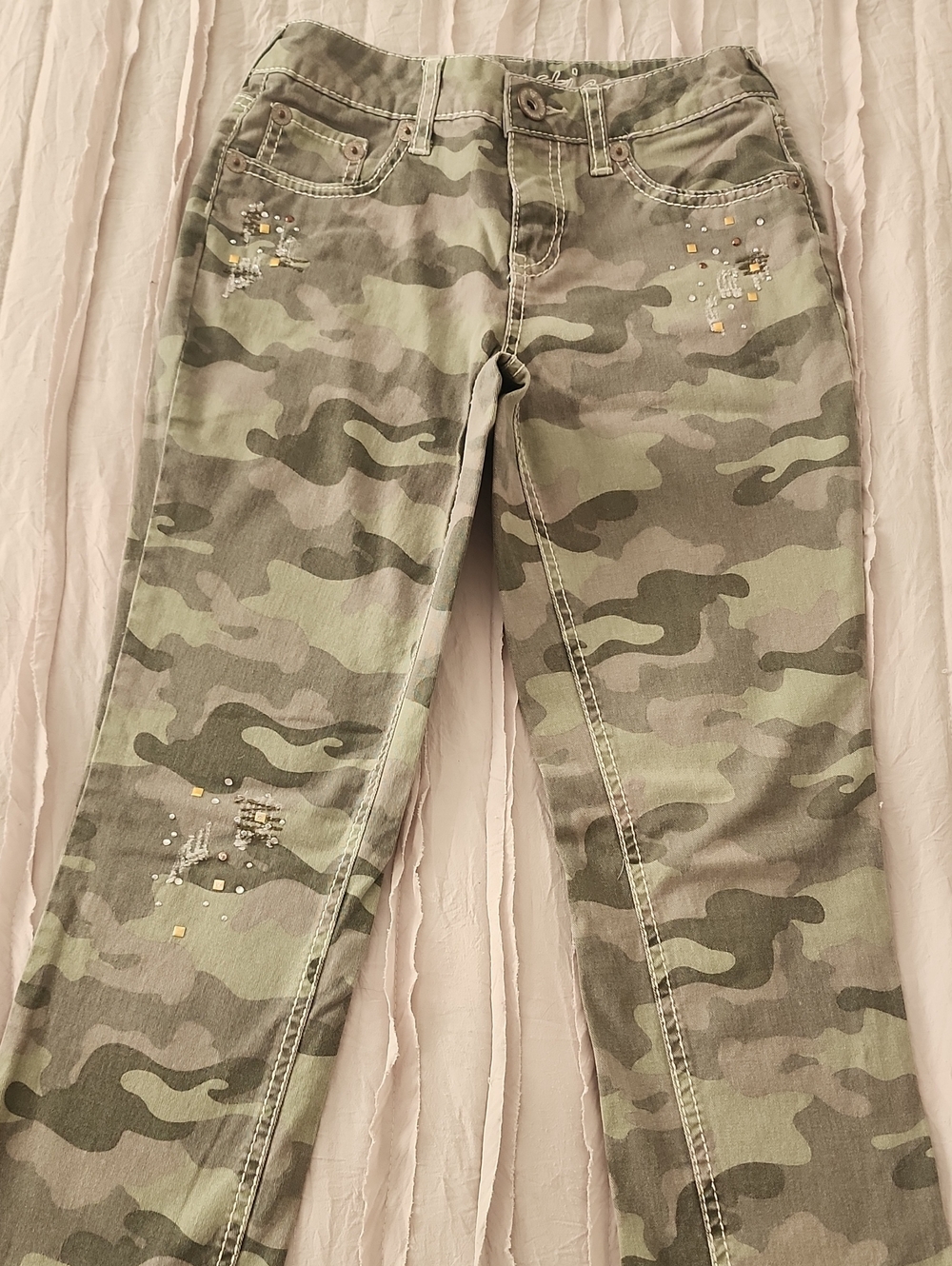 Justice Girls' Camo Jeans with Stud & Sequin Accents - Green